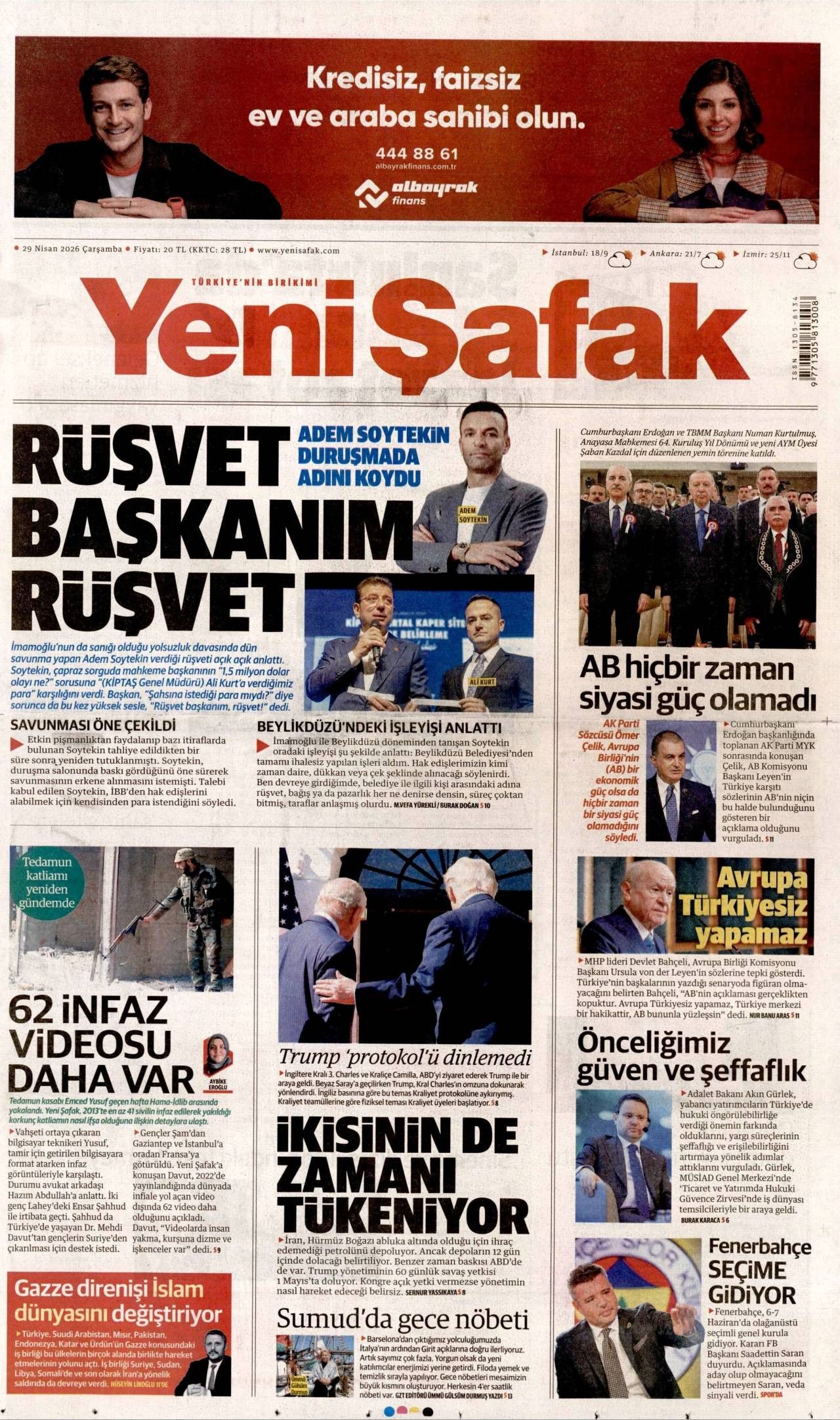 Yeni Şafak Gazetesi Gazete Manşeti